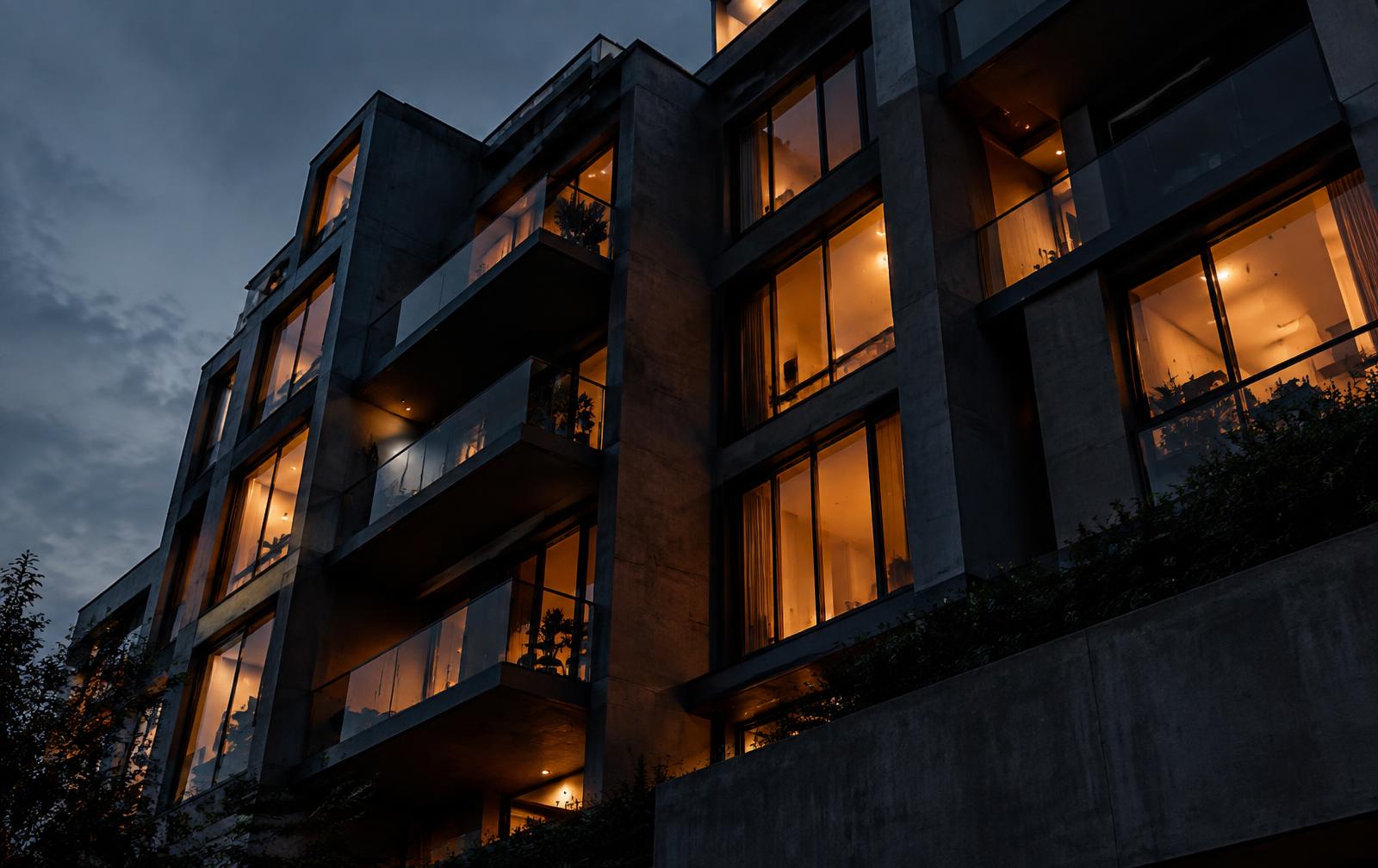 Modern apartment building lit at dusk